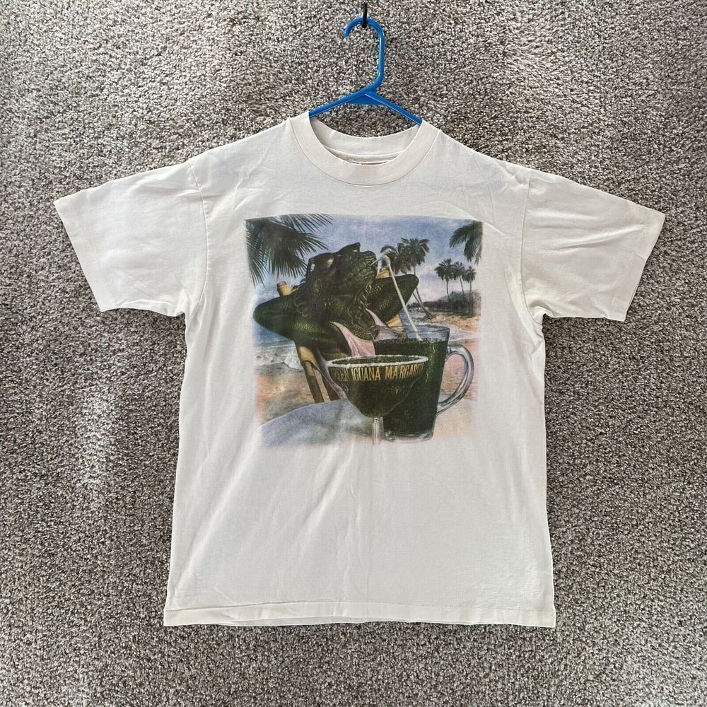 Vintage Green Iguana Margarita Shirt Mens Large White Midori 80s 90s Cotton Crew